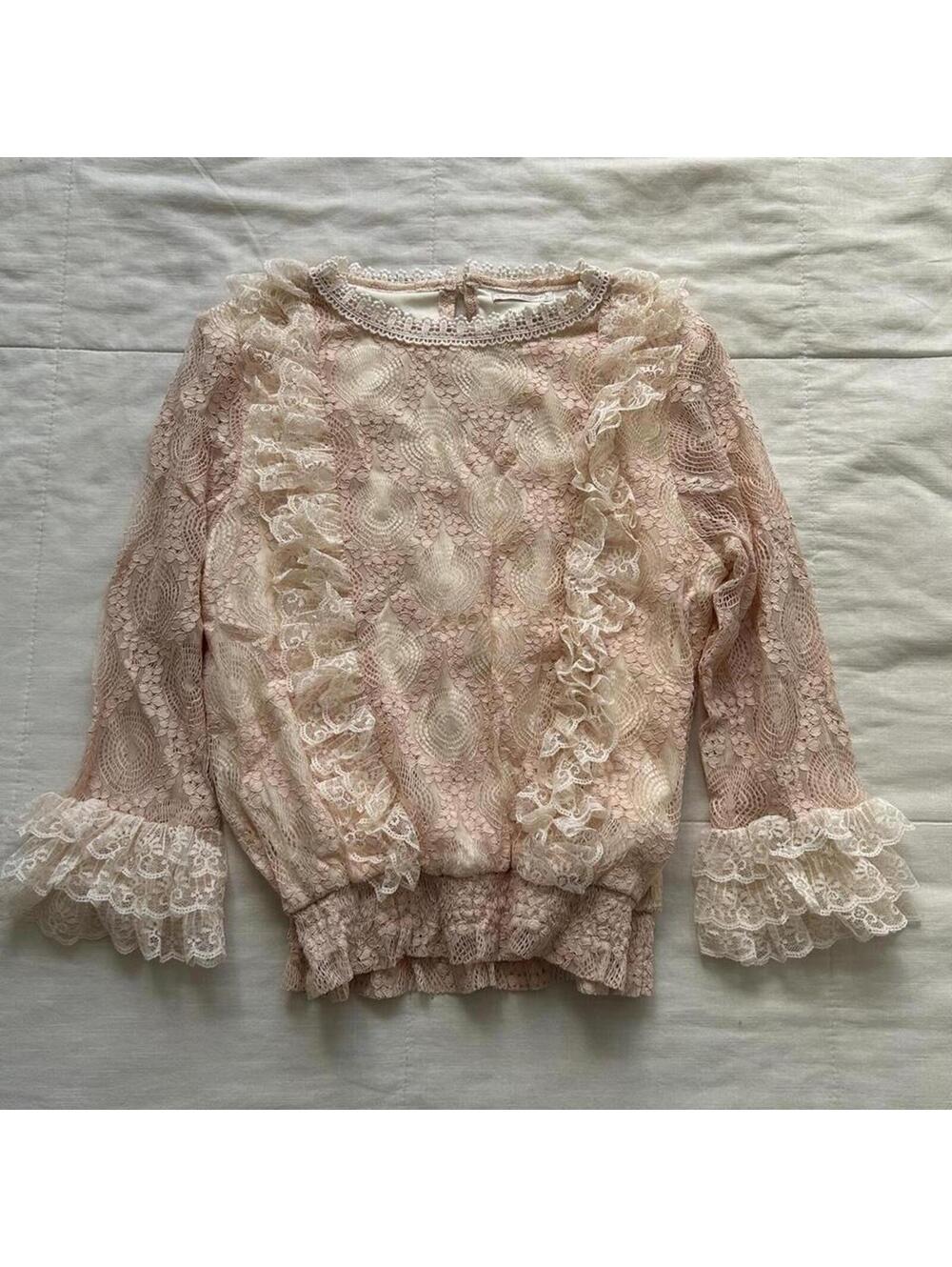 Axes Femme Pink Lace Ruffle Bell Sleeve Top Romantic Coquette Medium